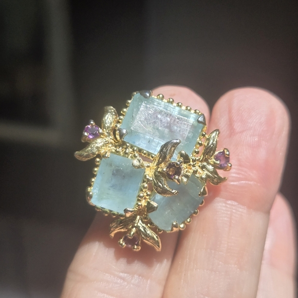 Aquamarine & Amethyst sterling & gold ring sz7.75 - Picture 8 of 10